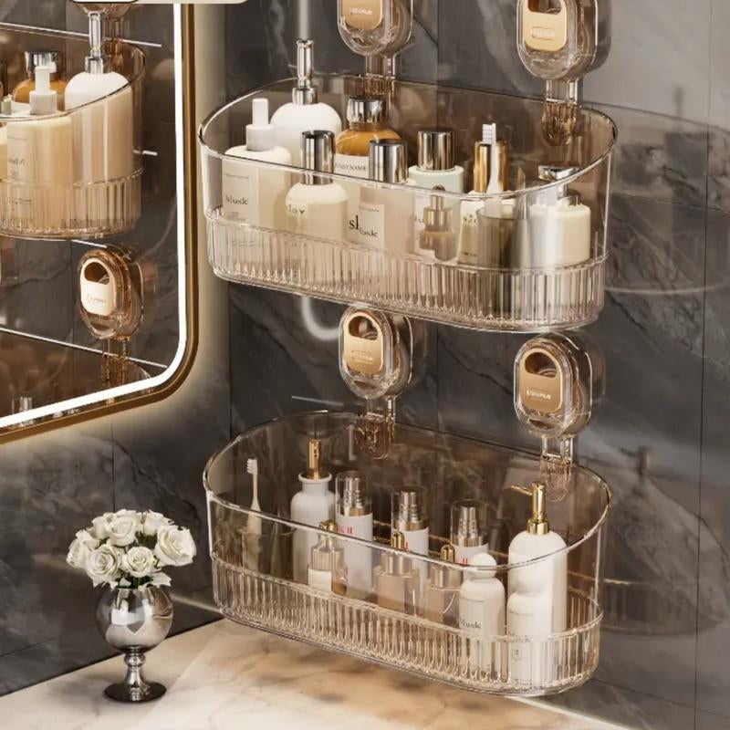No-Drill Bathroom Suction Storage Rack -2025 Upgrade Large Capacity & Strong Load-Bearing Transparent White Double Row Drainage Hole Detachable Easy Clean Shower Kitchen Organizer