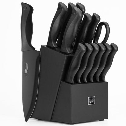 Knife Set, HUNTER.DUAL 15 Pcs Kitchen Knife Set with Block Self Sharpening, Dishwasher Safe, Anti-Slip Handle, Black Steel Wood Wooden Sharpener Steak Cutting