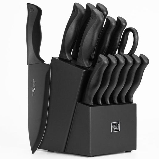 Knife Set, HUNTER.DUAL 15 Pcs Kitchen Knife Set with Block Self Sharpening, Dishwasher Safe, Anti-Slip Handle, Black Steel Wood Wooden Sharpener Steak Cutting