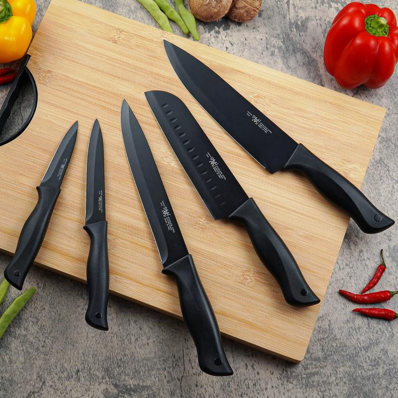 Knife Set, HUNTER.DUAL 15 Pcs Kitchen Knife Set with Block Self Sharpening, Dishwasher Safe, Anti-Slip Handle, Black Steel Wood Wooden Sharpener Steak Cutting