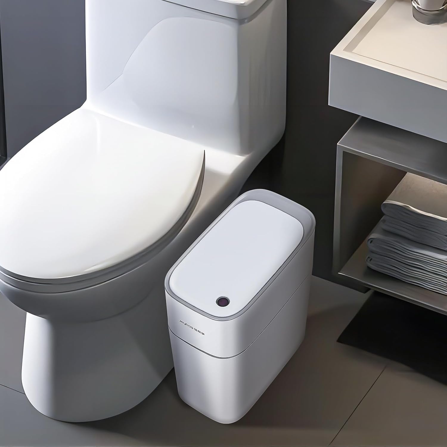Trash Can with Lid Automatic Garbage Can, 3.8 Gallon Slim Small White Plastic Smart Trash Bin, Narrow Motion Sensor for Bedroom, Bathroom, Toilet Office