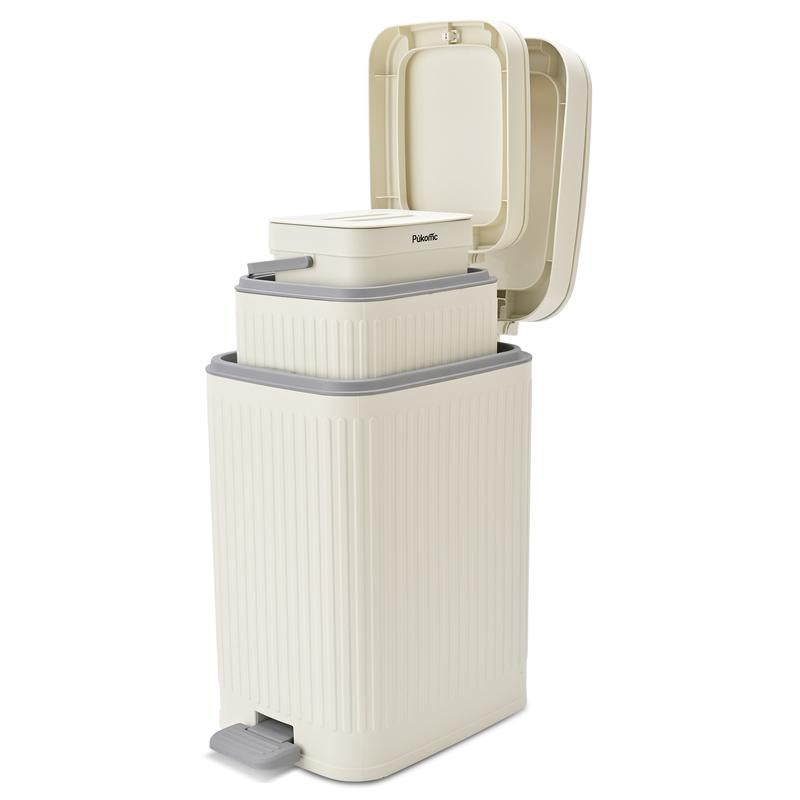 Pukomc Slit 3-Piece Trash Bin Set in White, 14L, 7L, 3L Sizes with Soft-Close Lid, Durable Steel Pedal & Sealed Design for Odor Blocking Storage