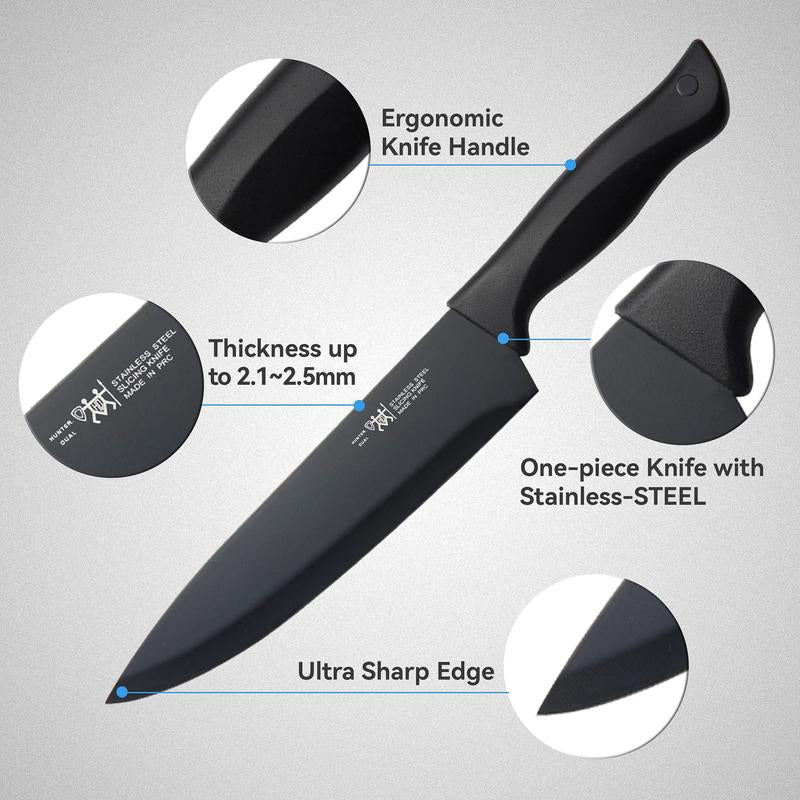 Knife Set, HUNTER.DUAL 15 Pcs Kitchen Knife Set with Block Self Sharpening, Dishwasher Safe, Anti-Slip Handle, Black Steel Wood Wooden Sharpener Steak Cutting