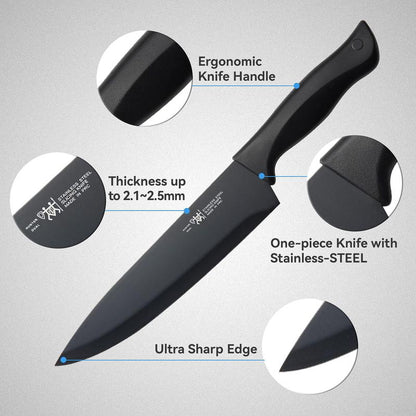 Knife Set, HUNTER.DUAL 15 Pcs Kitchen Knife Set with Block Self Sharpening, Dishwasher Safe, Anti-Slip Handle, Black Steel Wood Wooden Sharpener Steak Cutting