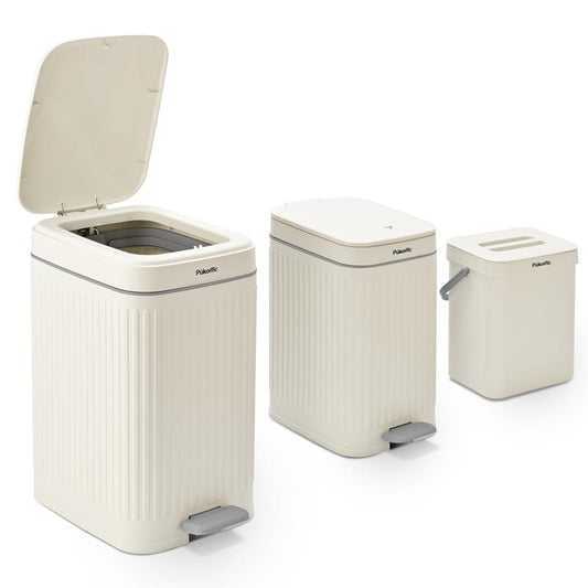 Pukomc Slit 3-Piece Trash Bin Set in White, 14L, 7L, 3L Sizes with Soft-Close Lid, Durable Steel Pedal & Sealed Design for Odor Blocking Storage
