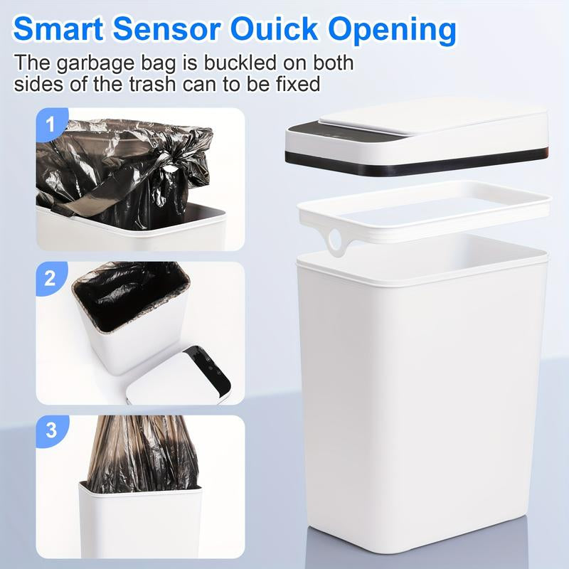 2 Pcs Smart Sports Inductive Ashbin with Lid-4.2 Gallon and 2.6 Gallon Capacity, Contactless Dustbin for Kitchen, Bedroom, Office and Living Room, Wireless Infrared Technology, Fashion White Design, Living Room Dustbin Can Trash Automatic Touchless