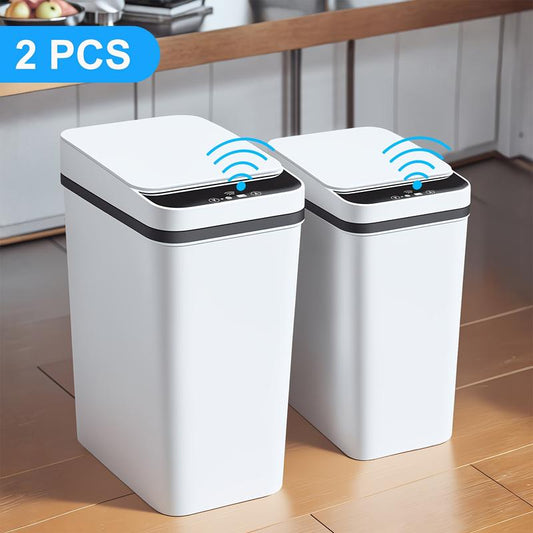 2 Pcs Smart Sports Inductive Ashbin with Lid-4.2 Gallon and 2.6 Gallon Capacity, Contactless Dustbin for Kitchen, Bedroom, Office and Living Room, Wireless Infrared Technology, Fashion White Design, Living Room Dustbin Can Trash Automatic Touchless