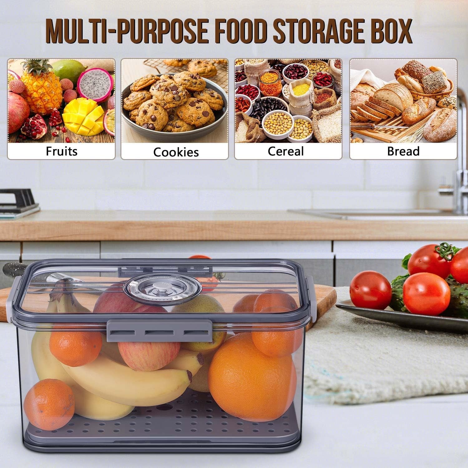 Bread Box Bread Boxes for Kitchen Counter Airtight, Time Recording Bread Storage Container with Lid, Bread Keeper for Homemade Bread, Toast, Bagel, Donut and Cookies, Grey