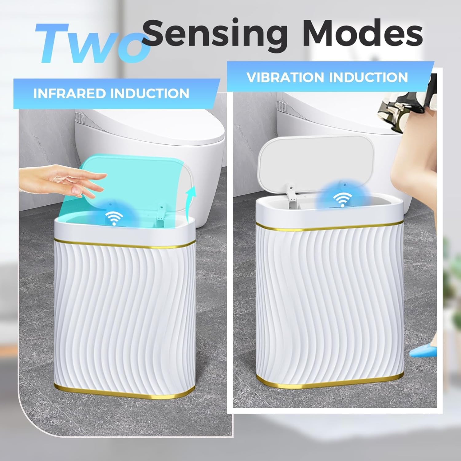 Bathroom Small Trash Can with Automatic Touchless Lid, 2.6 Gallon Smart Garbage Can Narrow Waterproof Trash Bin for Bedroom, Office, Living Room