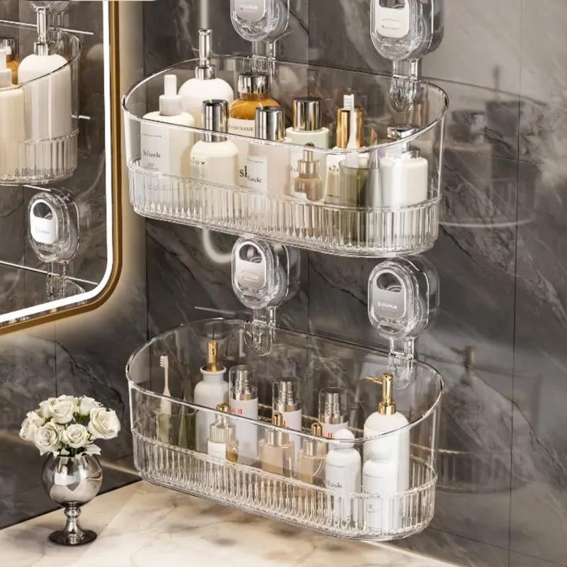 No-Drill Bathroom Suction Storage Rack -2025 Upgrade Large Capacity & Strong Load-Bearing Transparent White Double Row Drainage Hole Detachable Easy Clean Shower Kitchen Organizer