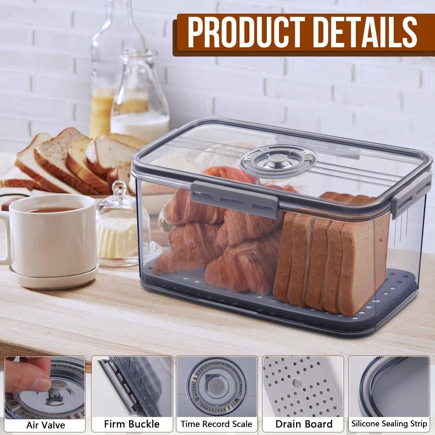 Bread Box Bread Boxes for Kitchen Counter Airtight, Time Recording Bread Storage Container with Lid, Bread Keeper for Homemade Bread, Toast, Bagel, Donut and Cookies, Grey