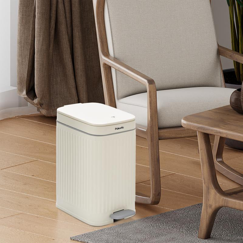 Pukomc Slit 3-Piece Trash Bin Set in White, 14L, 7L, 3L Sizes with Soft-Close Lid, Durable Steel Pedal & Sealed Design for Odor Blocking Storage