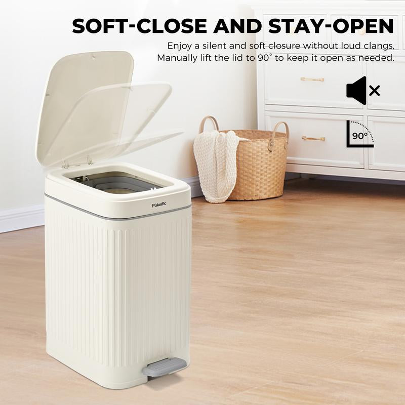 Pukomc Slit 3-Piece Trash Bin Set in White, 14L, 7L, 3L Sizes with Soft-Close Lid, Durable Steel Pedal & Sealed Design for Odor Blocking Storage