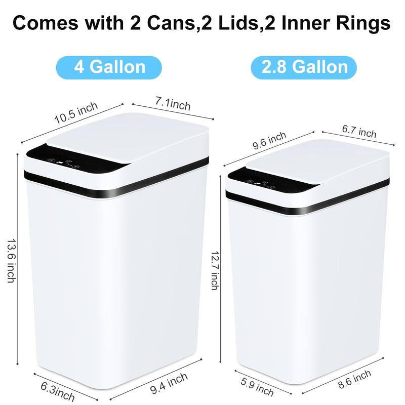 2 Pcs Smart Sports Inductive Ashbin with Lid-4.2 Gallon and 2.6 Gallon Capacity, Contactless Dustbin for Kitchen, Bedroom, Office and Living Room, Wireless Infrared Technology, Fashion White Design, Living Room Dustbin Can Trash Automatic Touchless