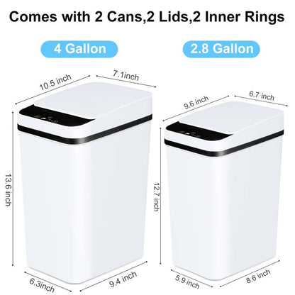2 Pcs Smart Sports Inductive Ashbin with Lid-4.2 Gallon and 2.6 Gallon Capacity, Contactless Dustbin for Kitchen, Bedroom, Office and Living Room, Wireless Infrared Technology, Fashion White Design, Living Room Dustbin Can Trash Automatic Touchless