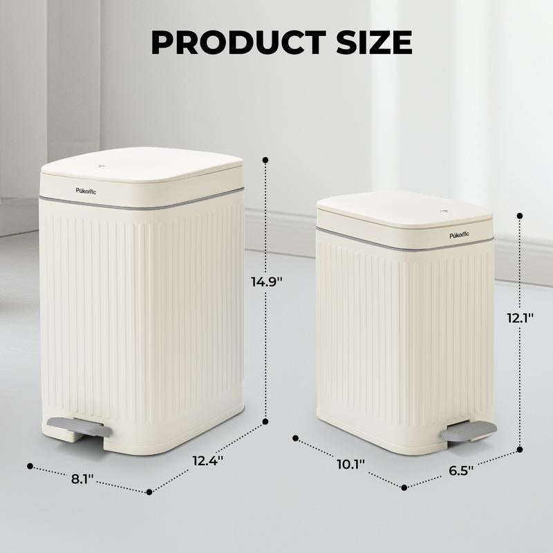 Pukomc Slit 3-Piece Trash Bin Set in White, 14L, 7L, 3L Sizes with Soft-Close Lid, Durable Steel Pedal & Sealed Design for Odor Blocking Storage
