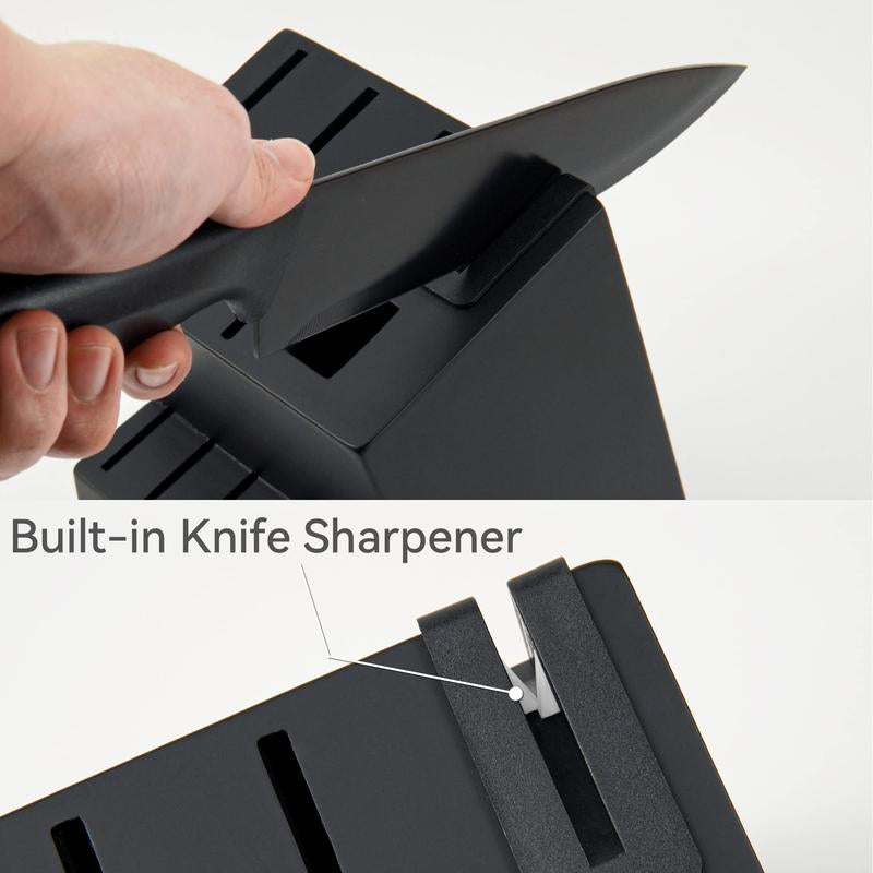 Knife Set, HUNTER.DUAL 15 Pcs Kitchen Knife Set with Block Self Sharpening, Dishwasher Safe, Anti-Slip Handle, Black Steel Wood Wooden Sharpener Steak Cutting