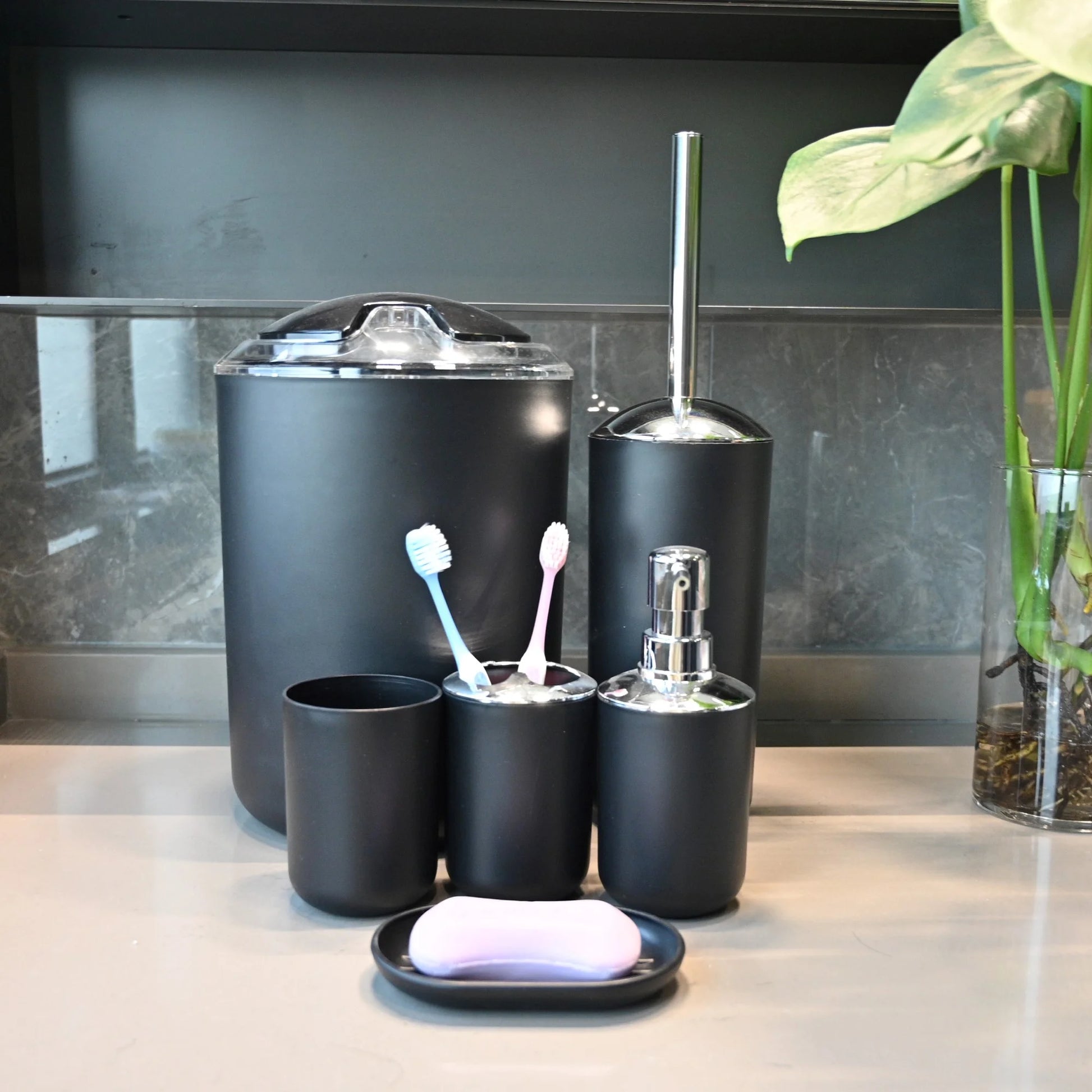 6 Piece Plastic Bath Accessories Sets, Black