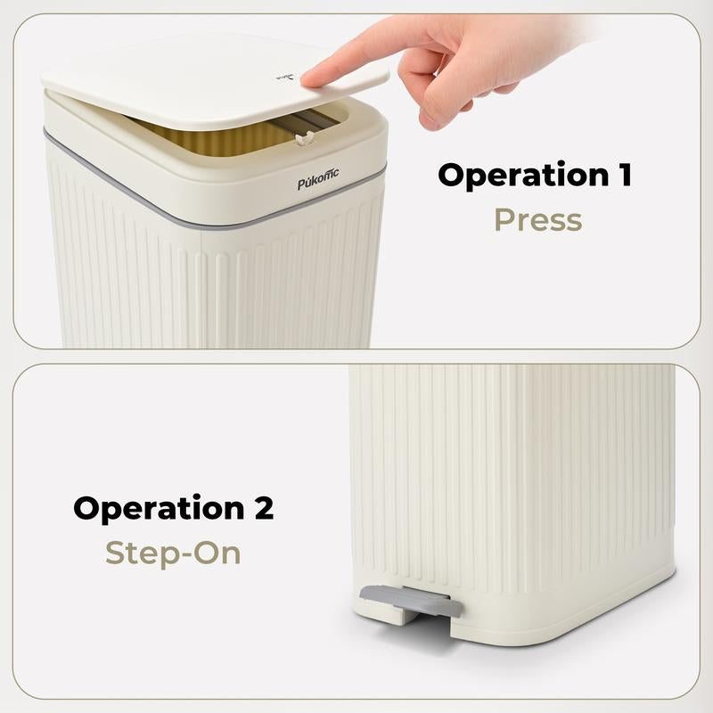 Pukomc Slit 3-Piece Trash Bin Set in White, 14L, 7L, 3L Sizes with Soft-Close Lid, Durable Steel Pedal & Sealed Design for Odor Blocking Storage
