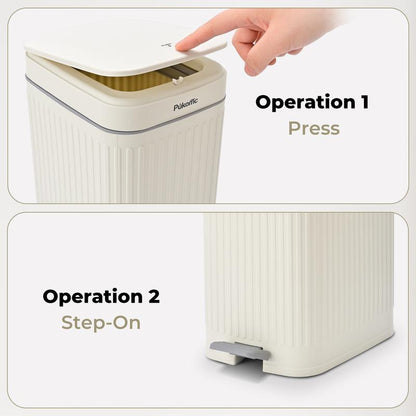 Pukomc Slit 3-Piece Trash Bin Set in White, 14L, 7L, 3L Sizes with Soft-Close Lid, Durable Steel Pedal & Sealed Design for Odor Blocking Storage