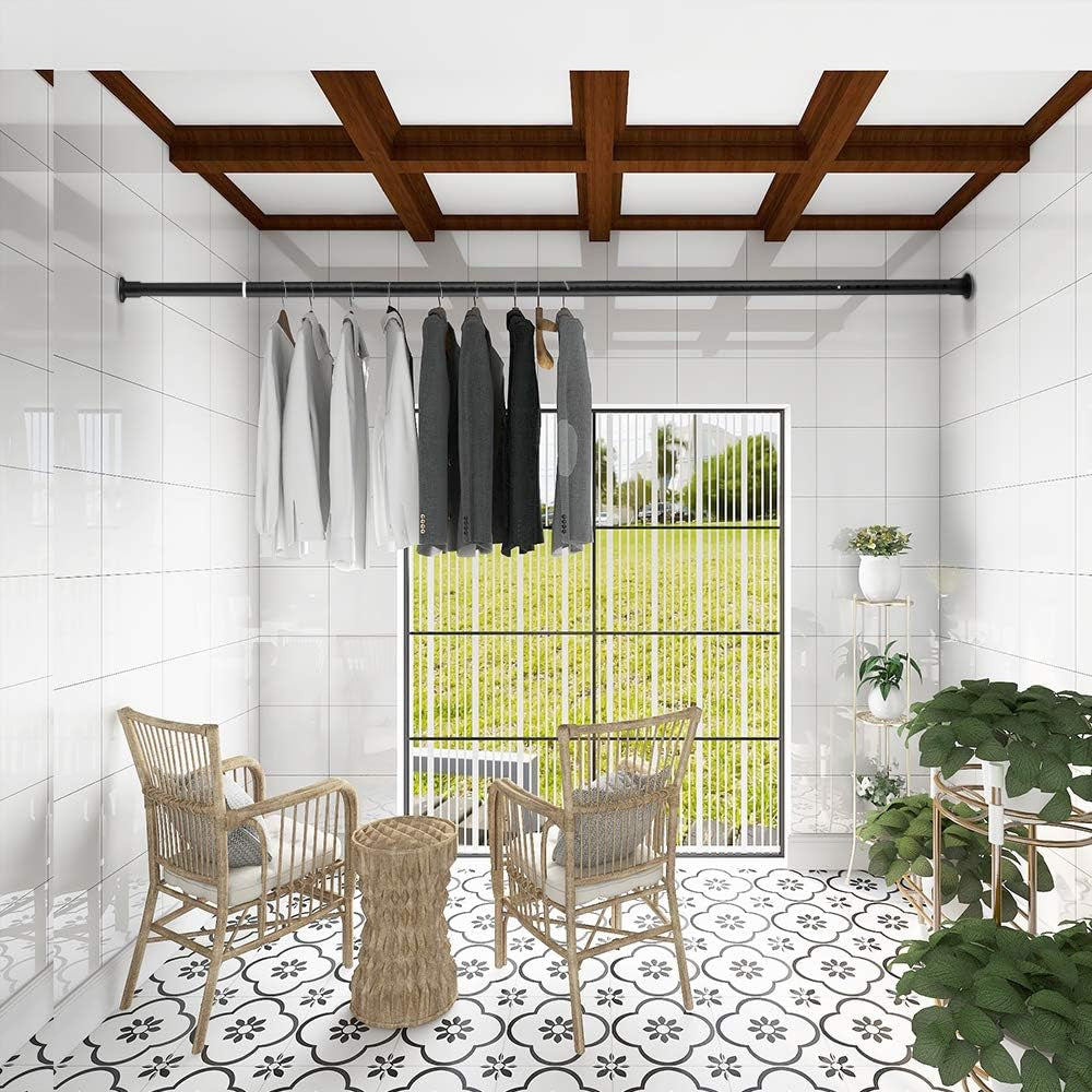 Tension Shower Curtain Rods 82.7-102.4 Inch Room Divider Never Rust Adjustable Spring Rods for Window Bathroom Balcony Storeroom Laundry Non-Slip No Drilling Easy to Install Black Matte