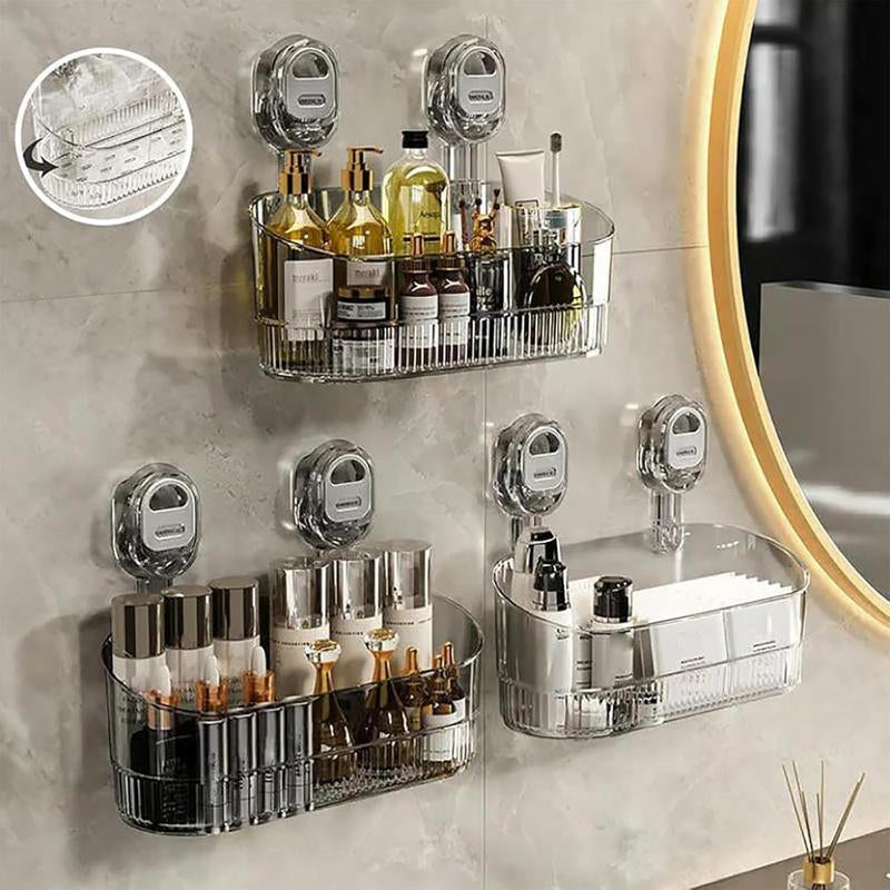 No-Drill Bathroom Suction Storage Rack -2025 Upgrade Large Capacity & Strong Load-Bearing Transparent White Double Row Drainage Hole Detachable Easy Clean Shower Kitchen Organizer
