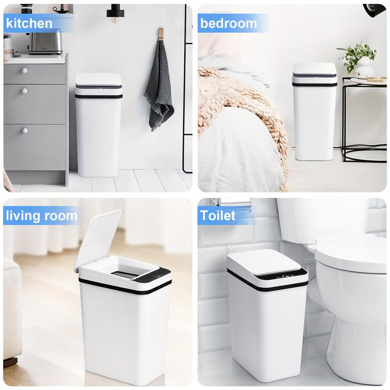 2 Pcs Smart Sports Inductive Ashbin with Lid-4.2 Gallon and 2.6 Gallon Capacity, Contactless Dustbin for Kitchen, Bedroom, Office and Living Room, Wireless Infrared Technology, Fashion White Design, Living Room Dustbin Can Trash Automatic Touchless