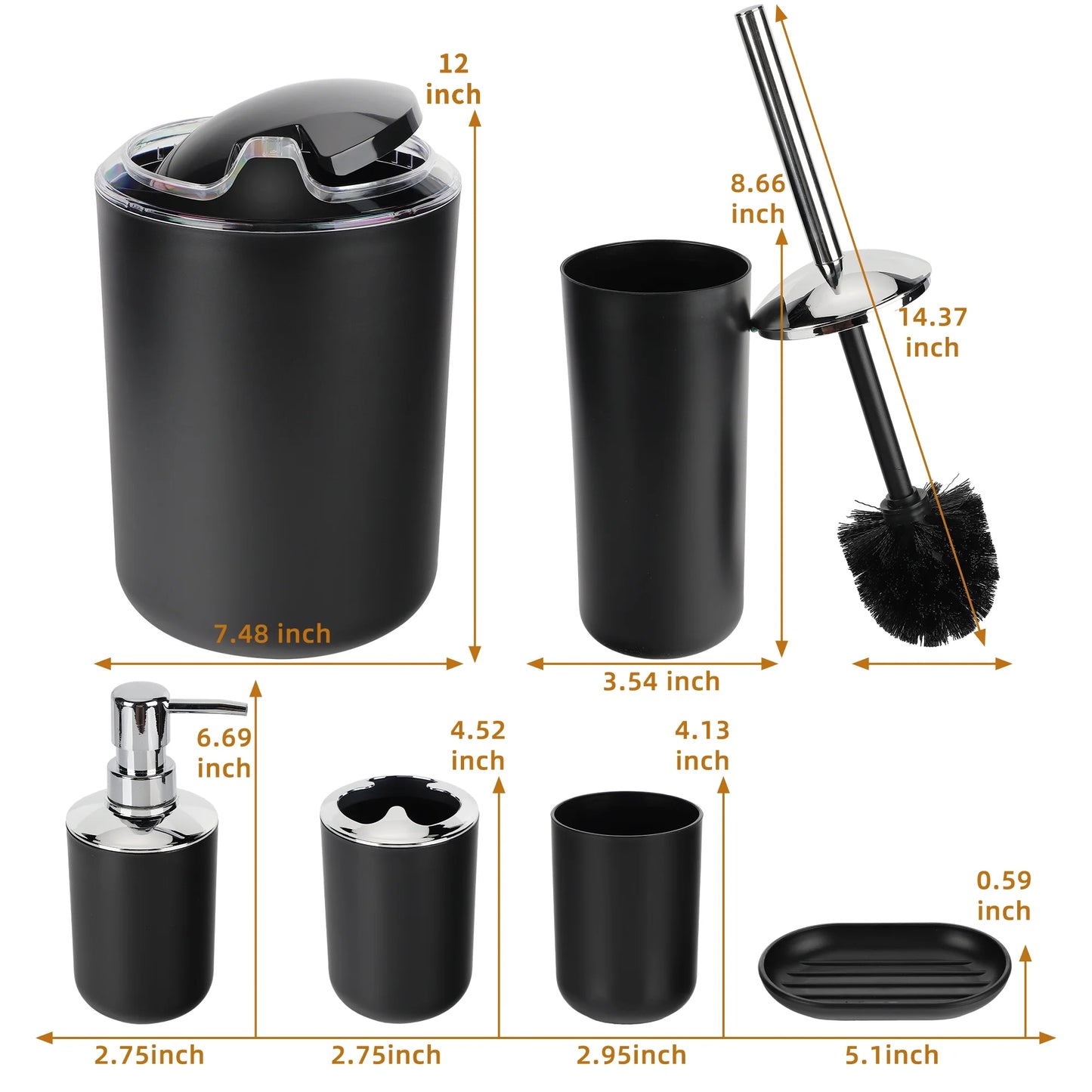 6 Piece Plastic Bath Accessories Sets, Black