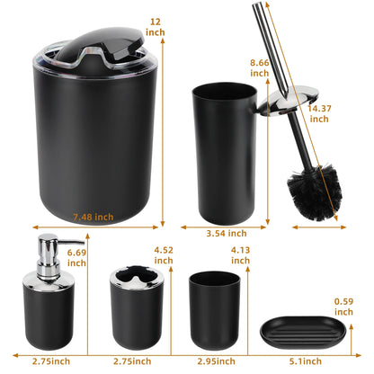 6 Piece Plastic Bath Accessories Sets, Black