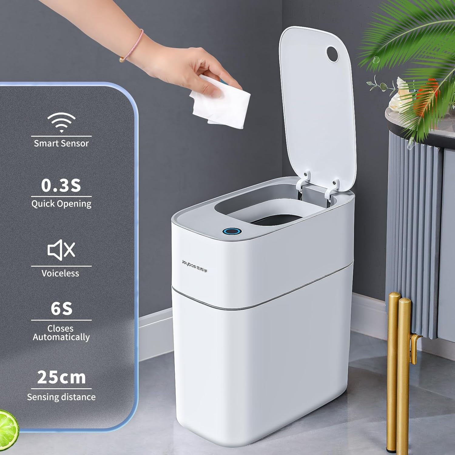 Trash Can with Lid Automatic Garbage Can, 3.8 Gallon Slim Small White Plastic Smart Trash Bin, Narrow Motion Sensor for Bedroom, Bathroom, Toilet Office