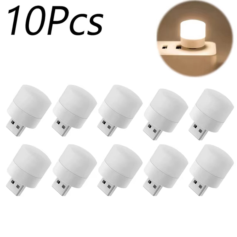 10Pcs Mini USB Night Light Warm White Eye Protection Book Reading Light USB Plug Computer Mobile Power Charging LED Night Lamp