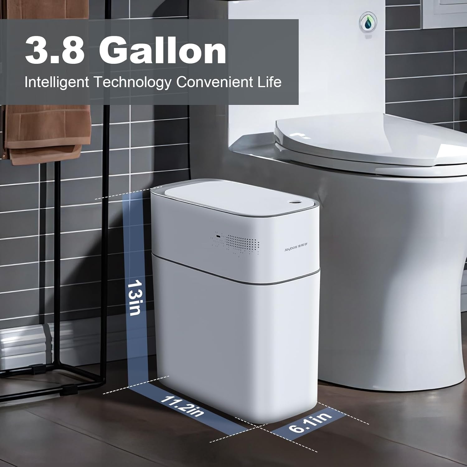 Trash Can with Lid Automatic Garbage Can, 3.8 Gallon Slim Small White Plastic Smart Trash Bin, Narrow Motion Sensor for Bedroom, Bathroom, Toilet Office
