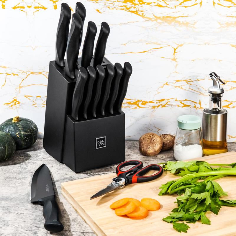 Knife Set, HUNTER.DUAL 15 Pcs Kitchen Knife Set with Block Self Sharpening, Dishwasher Safe, Anti-Slip Handle, Black Steel Wood Wooden Sharpener Steak Cutting