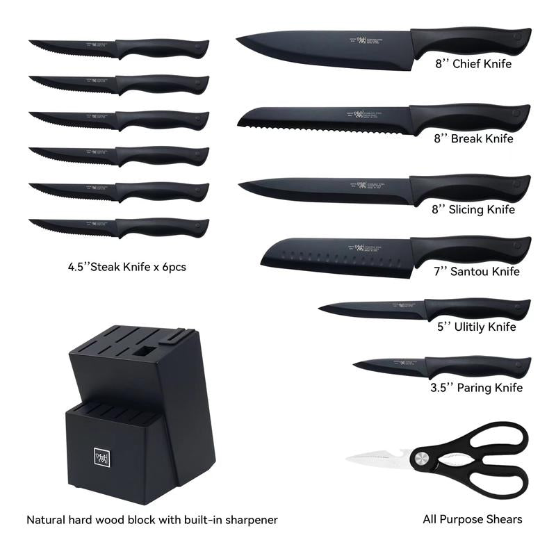 Knife Set, HUNTER.DUAL 15 Pcs Kitchen Knife Set with Block Self Sharpening, Dishwasher Safe, Anti-Slip Handle, Black Steel Wood Wooden Sharpener Steak Cutting