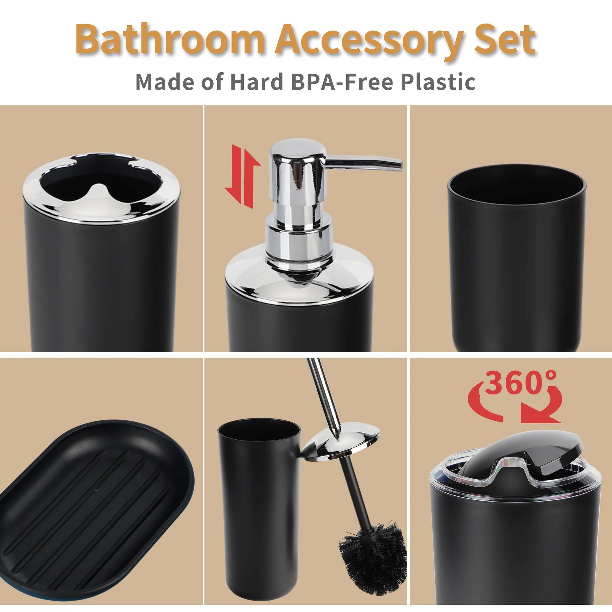 6 Piece Plastic Bath Accessories Sets, Black