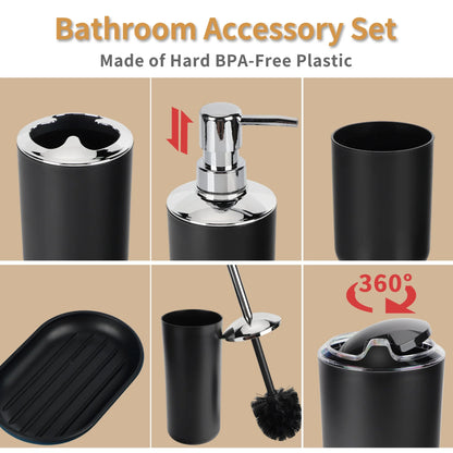 6 Piece Plastic Bath Accessories Sets, Black